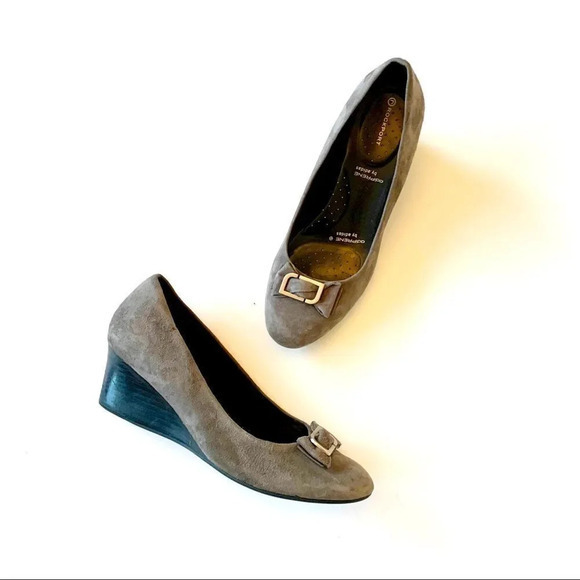 Rockport Grey Suede Wedge Pumps Adiprene by Adidas Heels Bow Workwear Size 10 - Picture 2 of 11